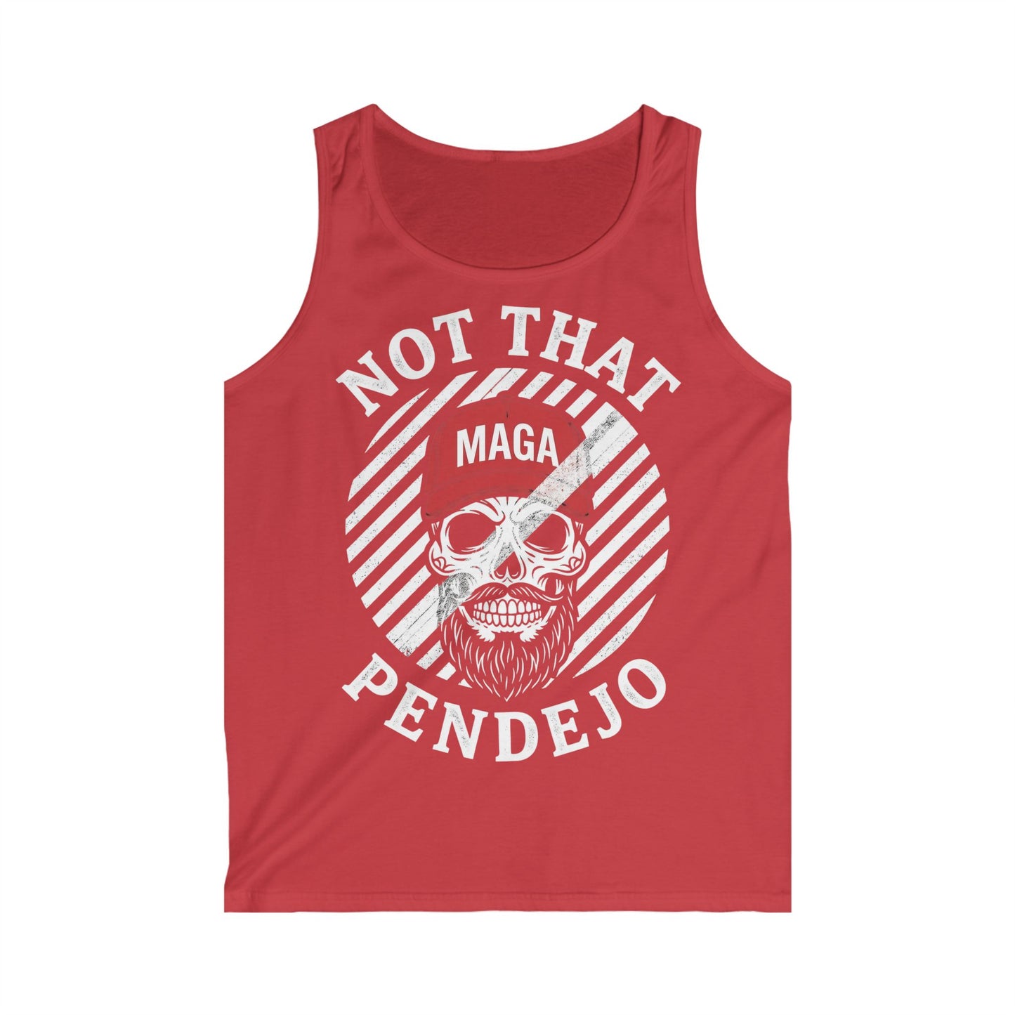 Red tank top with white distressed text and skull graphic.