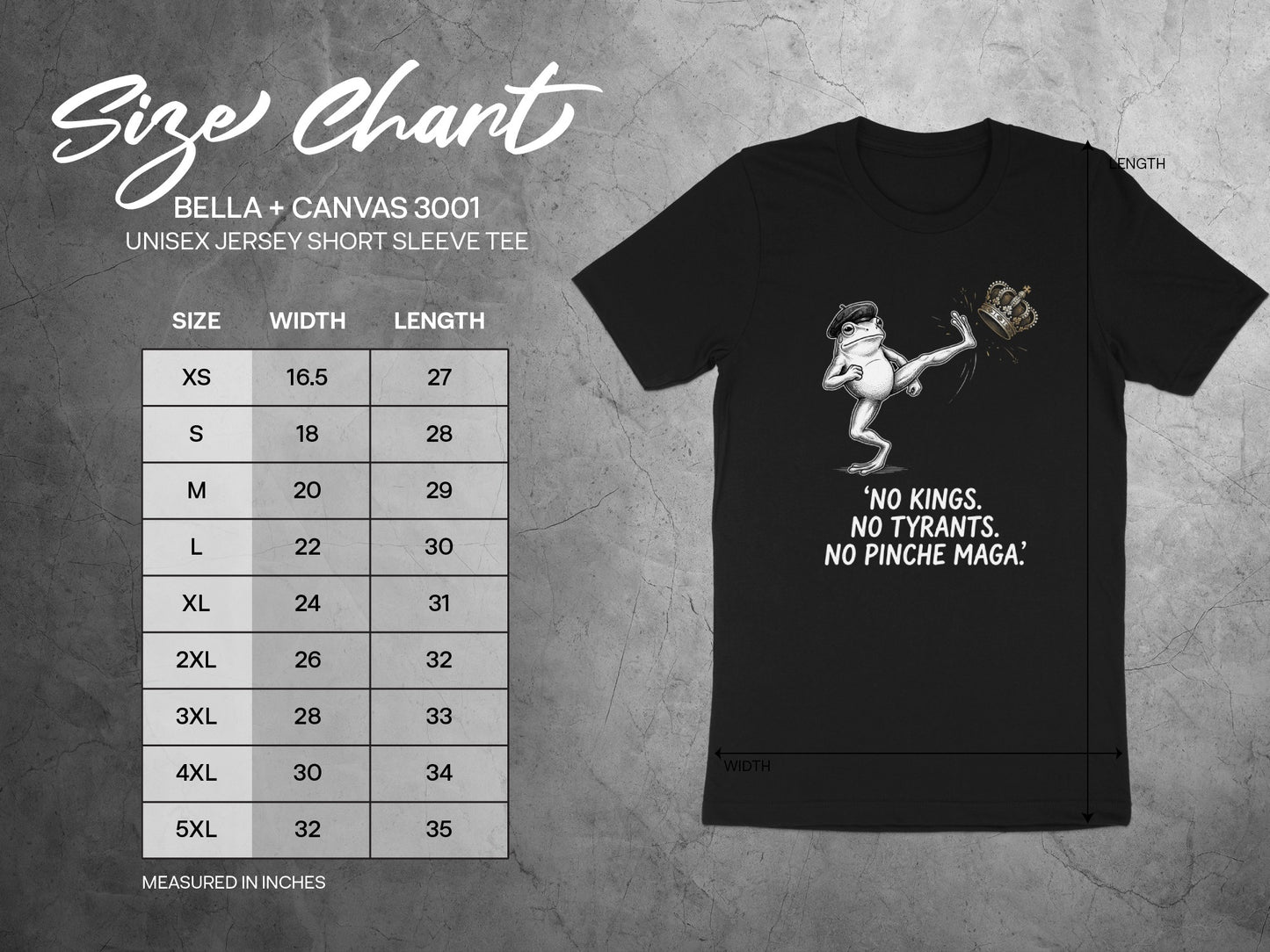 BELLA + CANVAS 3001 unisex tee size chart with graphic.