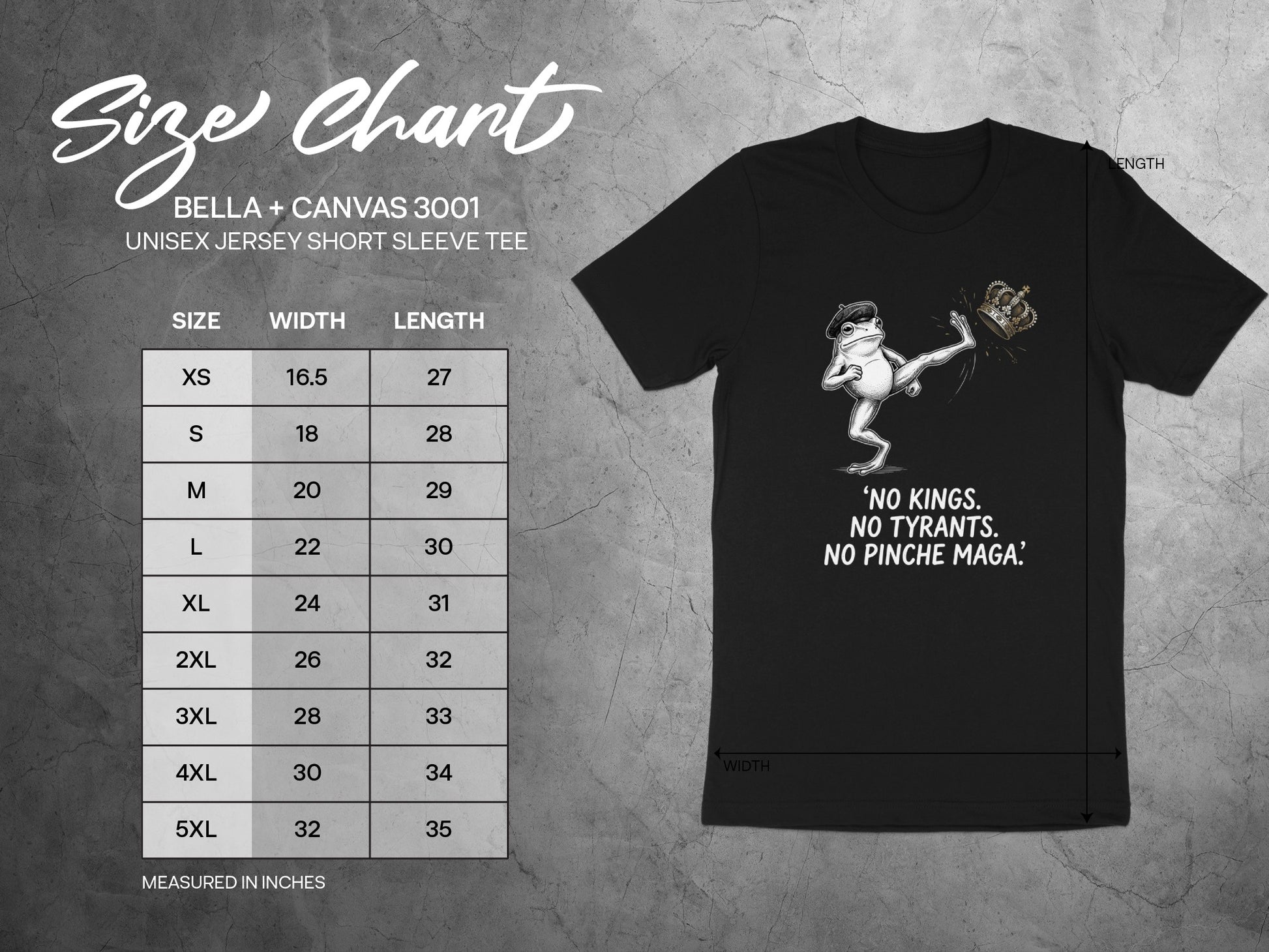 BELLA + CANVAS 3001 unisex tee size chart with graphic.