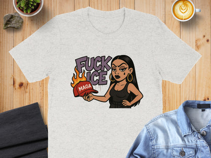 Fuck I.C.E. and MAGA Burning Hat Design Graphic Tee product type