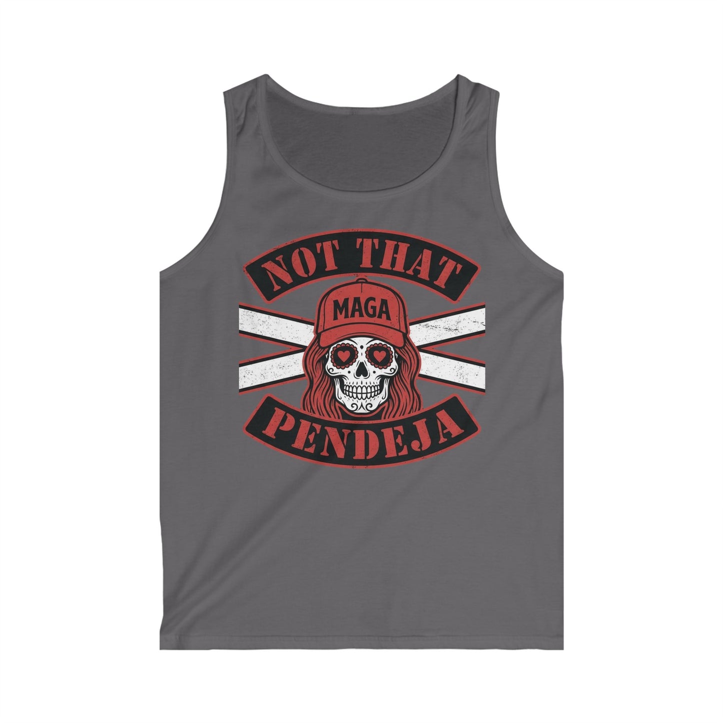 Skull with "Not That MAGA Pendeja" text, wearing a red baseball cap and braids.