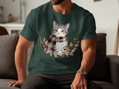 Cute Cat with Scarf Illustration on Dark Green Shirt