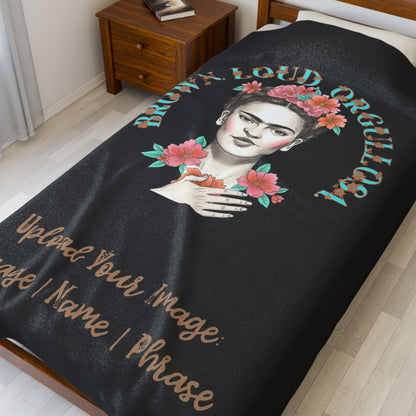 Frida Kahlo Floral "Brown y Loud Orgullo" Velveteen Plush Blanket - Customizable Name & Message
