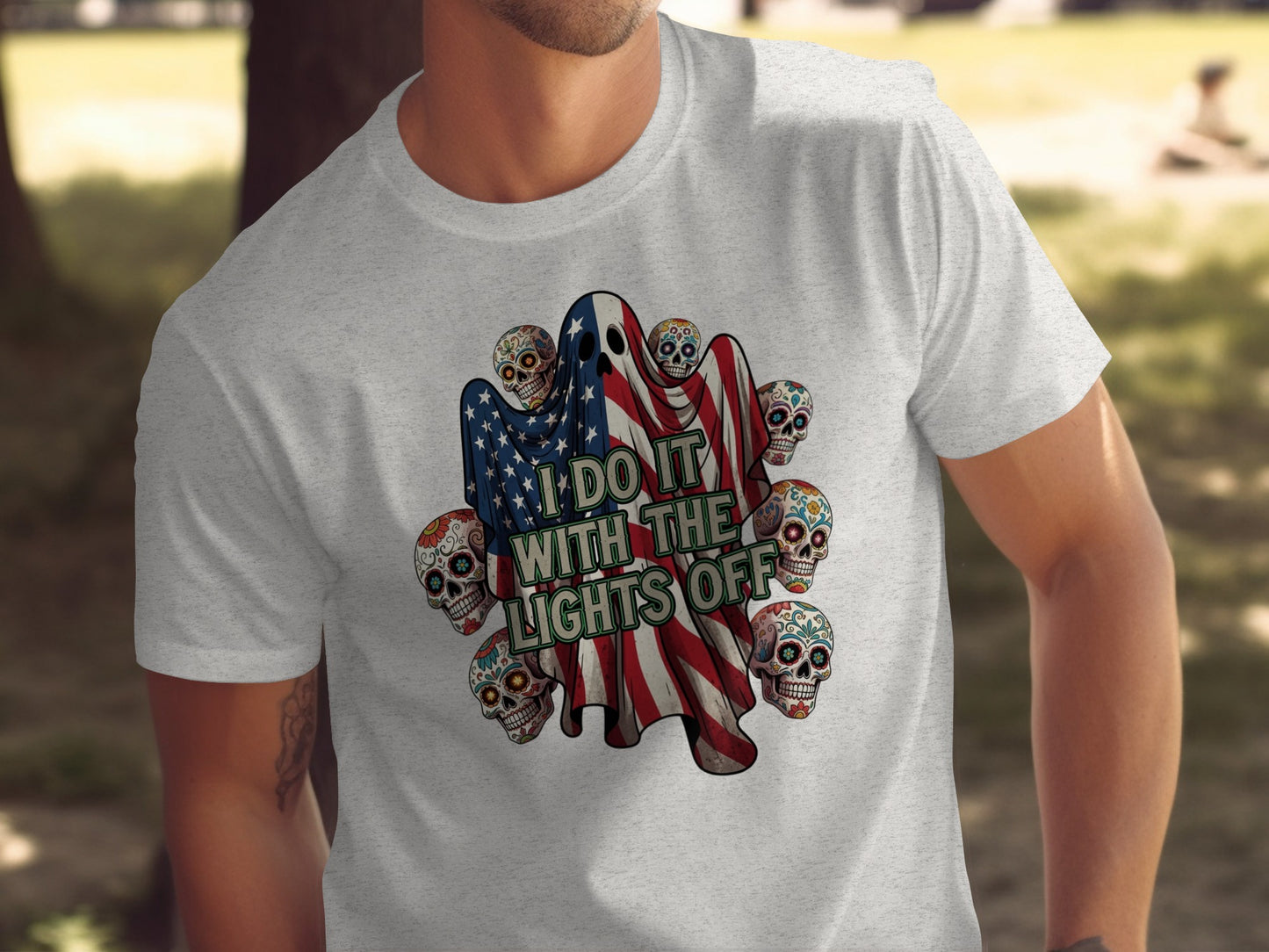 I Do It With The Lights Off Skulls and Flag T-Shirt Product