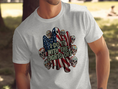 I Do It With The Lights Off Skulls and Flag T-Shirt Product