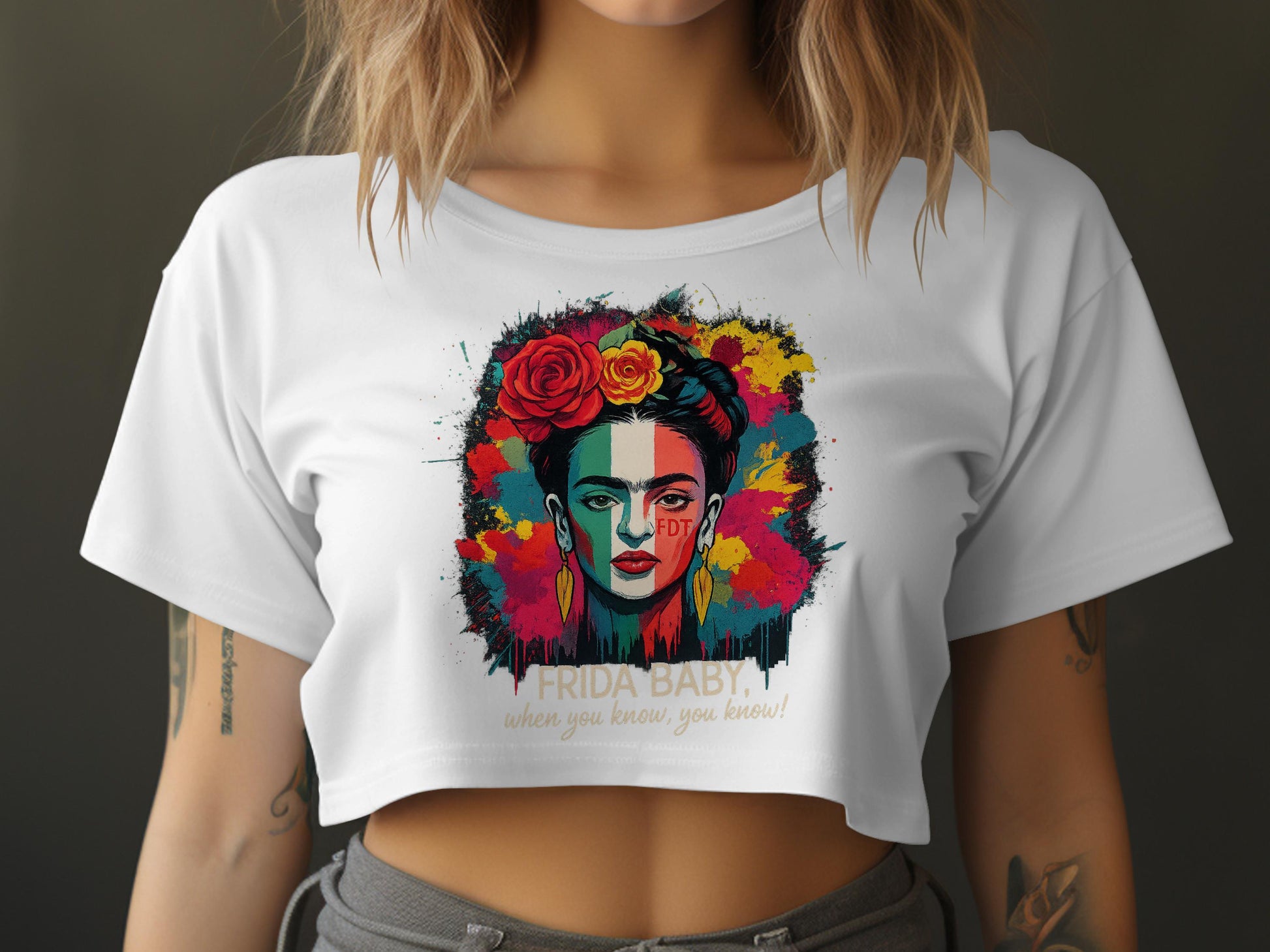 Vibrant Pop Art Frida Kahlo Crop Top Product Type