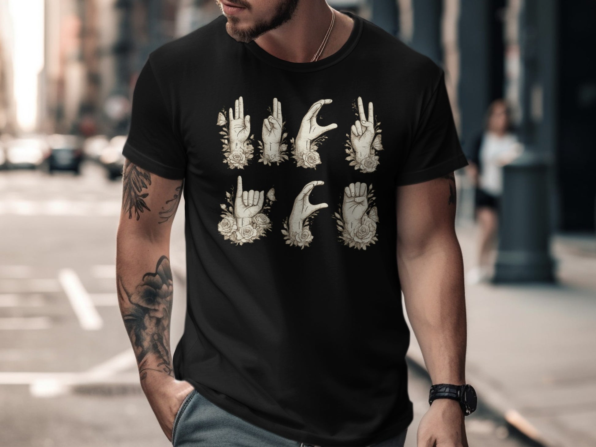 Sign Language Floral Design Graphic Tee Shirt
