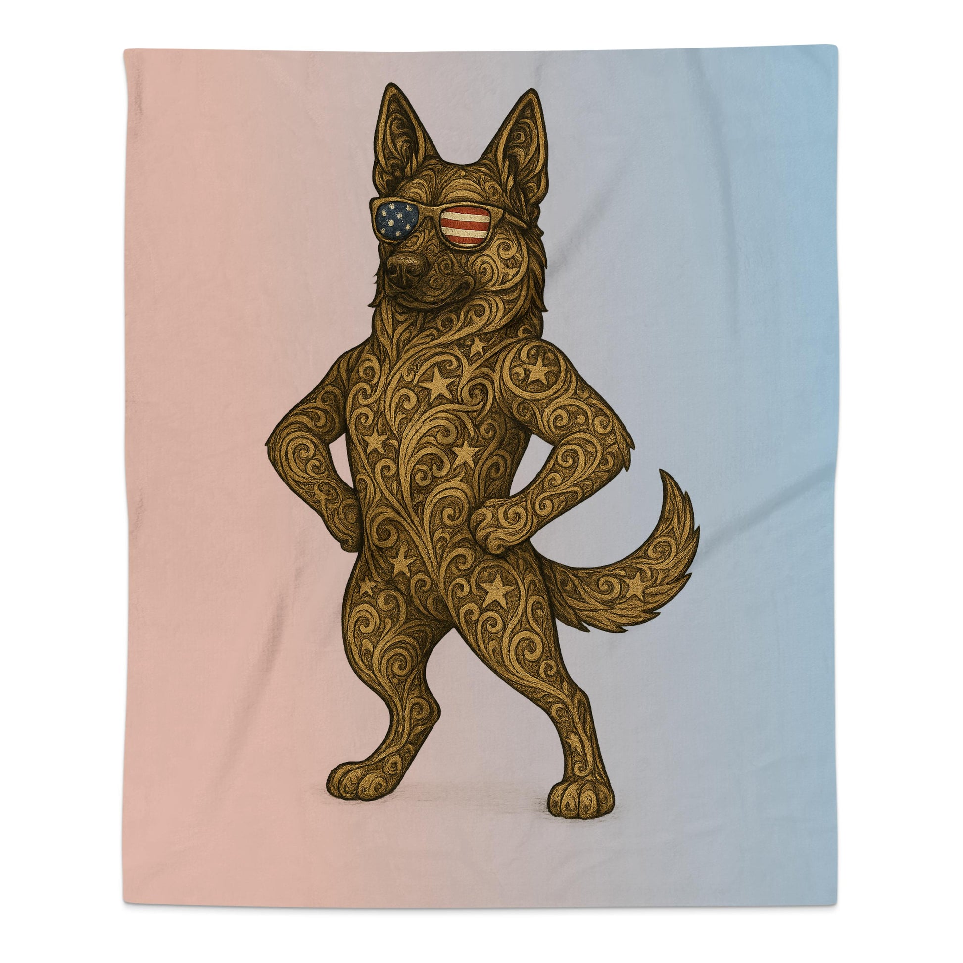 Confident Dog with Flag Sunglasses on Blanket product