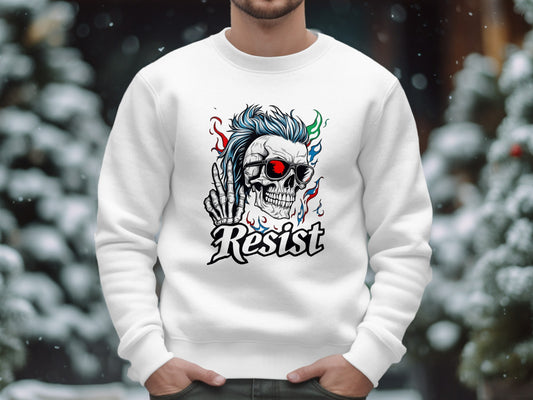 Resist Skull and Skeleton Artwork on White Sweatshirt