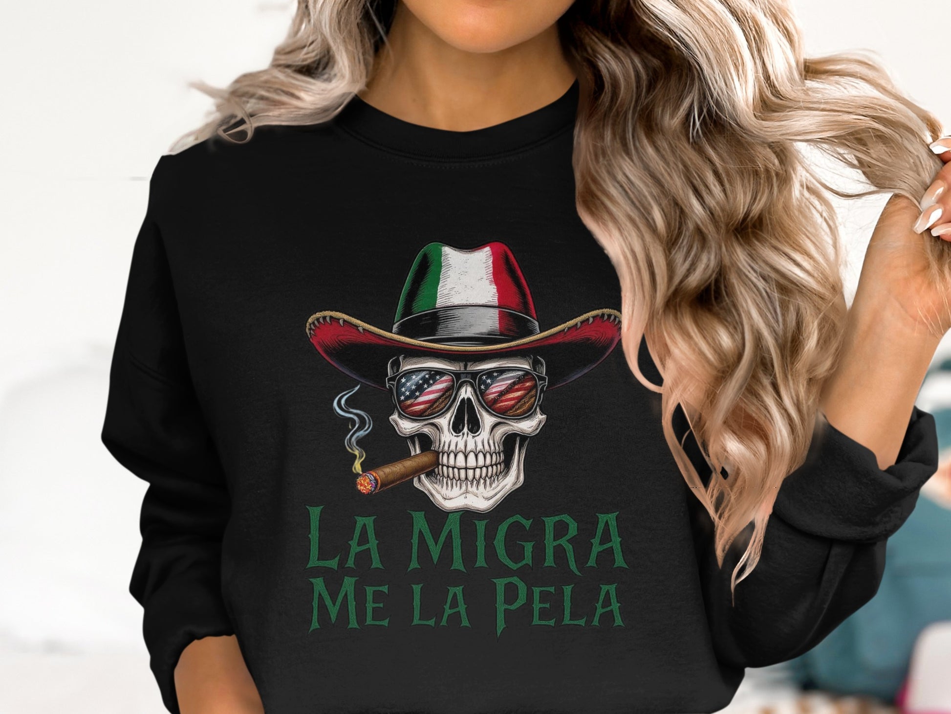 La Migra Me La Pela Cool Skull Smoking Graphic Sweatshirt Product