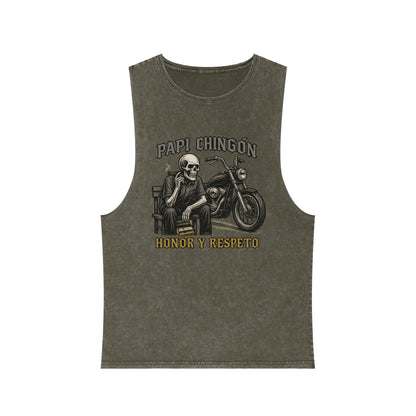 Unisex Stonewash Tank Top - Papi Chingón Skull Design, Casual Summer Wear, Motorcycle Lover Gift, Festival Outfit, Street Style