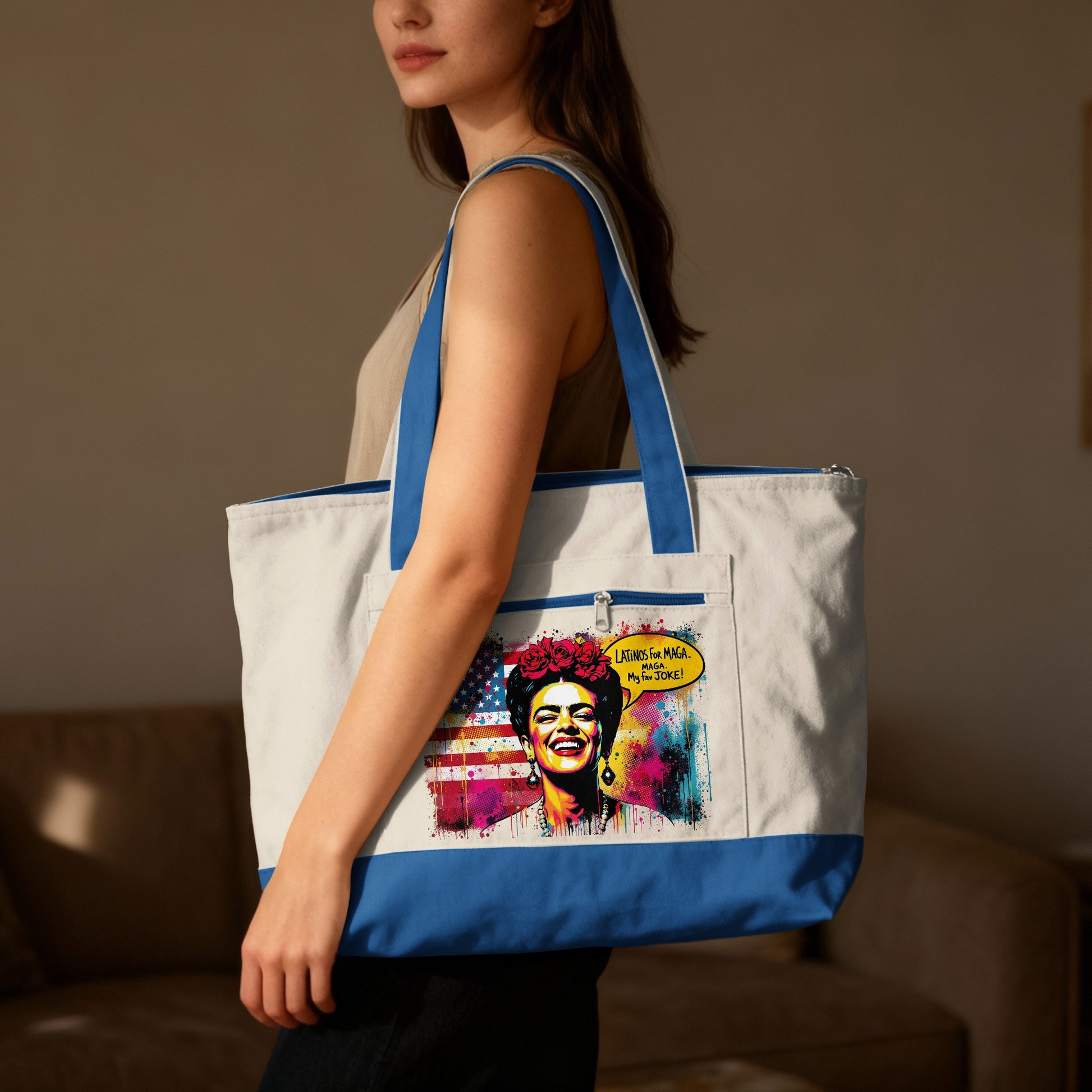 Woman with Frida Kahlo-inspired design and text "Latinos for MAGA, Make America Great Again" on tote bag.