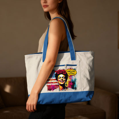 Woman with Frida Kahlo-inspired design and text "Latinos for MAGA, Make America Great Again" on tote bag.