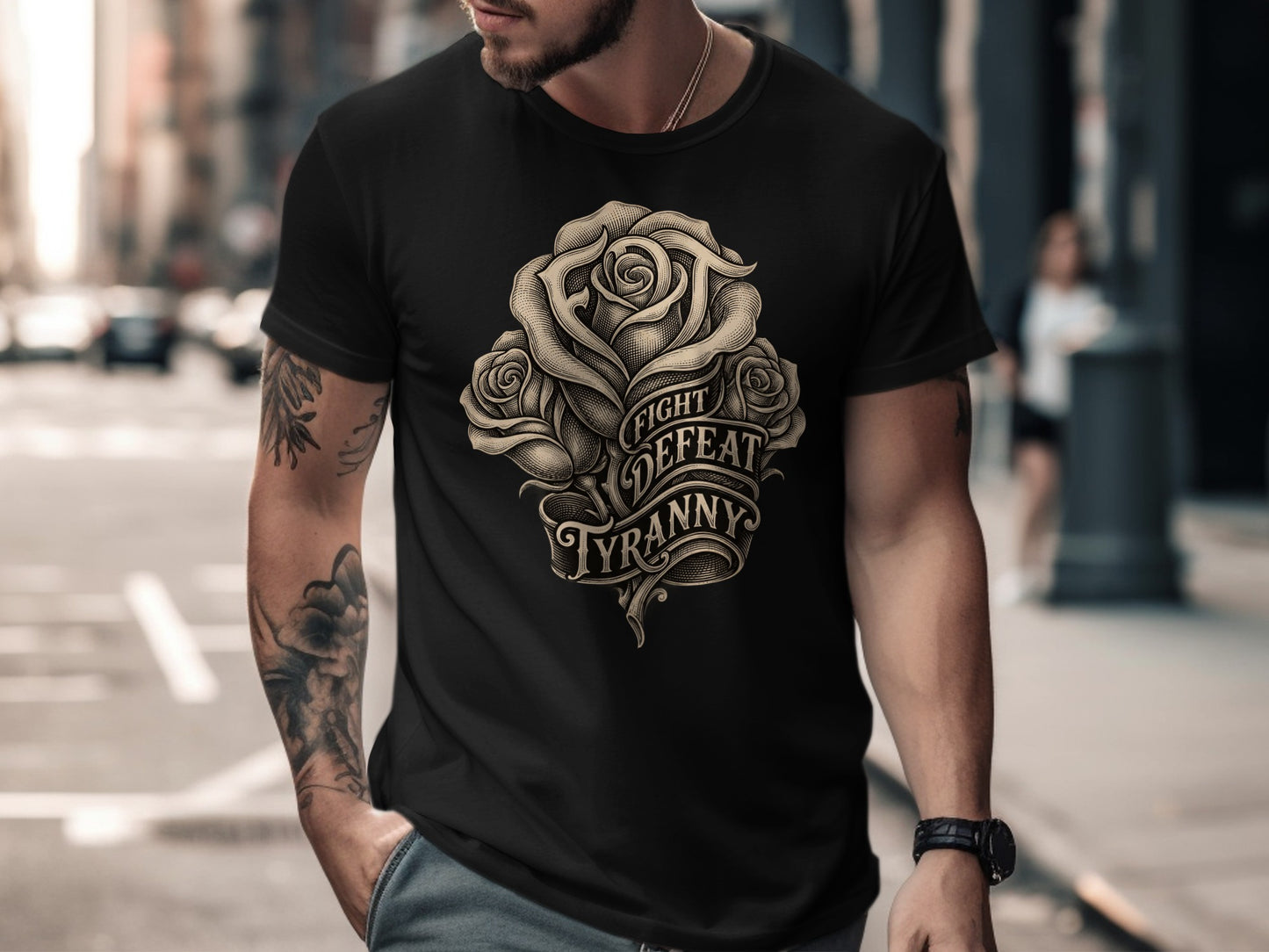 Black t-shirt with a detailed rose graphic and text "FIGHT DEFEAT TYRANNY".
