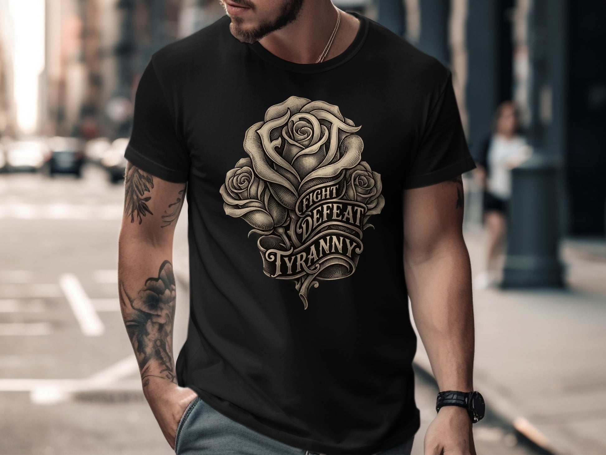 Black t-shirt with a detailed rose graphic and text "FIGHT DEFEAT TYRANNY".
