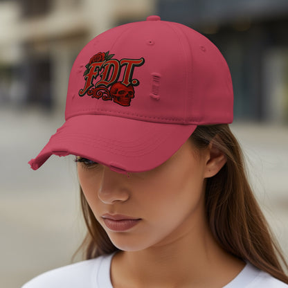 Red Distressed Hat with Skull and Rose Design product