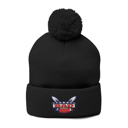 Black Beanie with Rabbit Patch and Pom Pom Top Hat