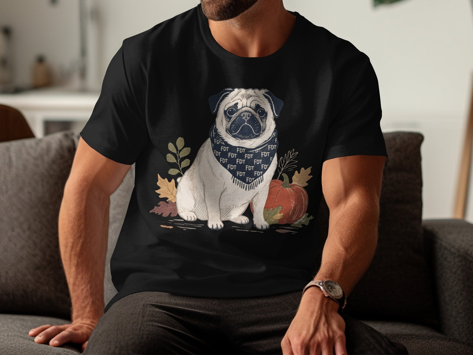 Festive Pug Illustration with Pumpkin Graphic Shirt