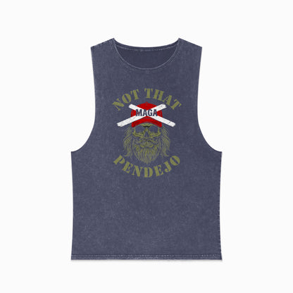 Dark grey sleeveless t-shirt with "Not That MAGA Pendejo" text and skull graphic.