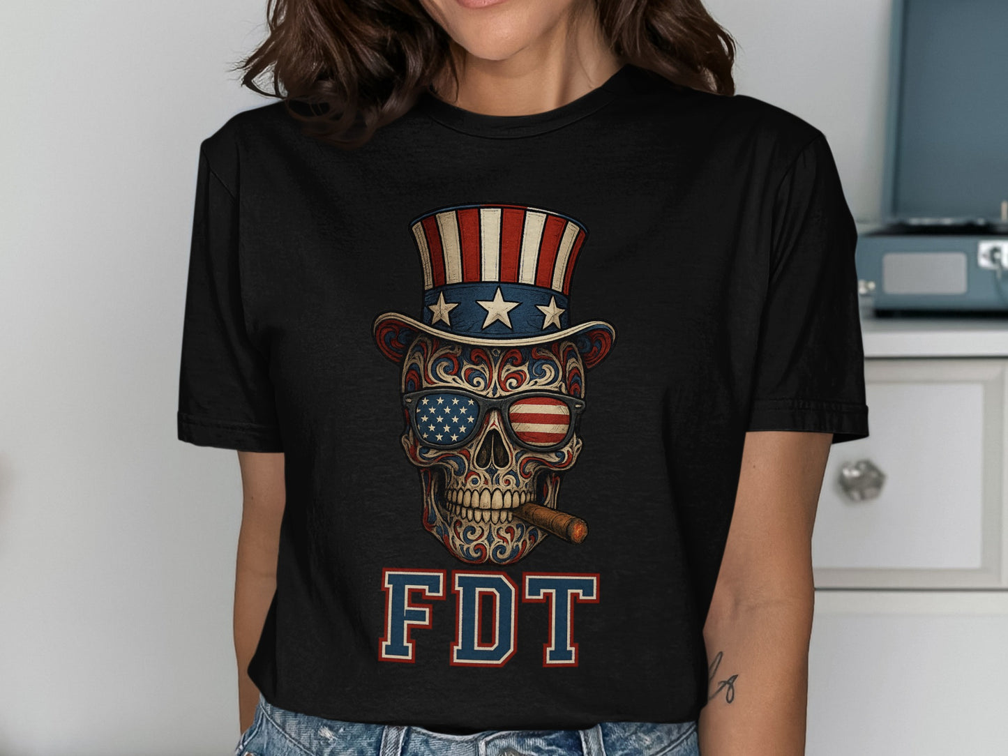 Patriotic Skull and Flag Graphic T-shirt product