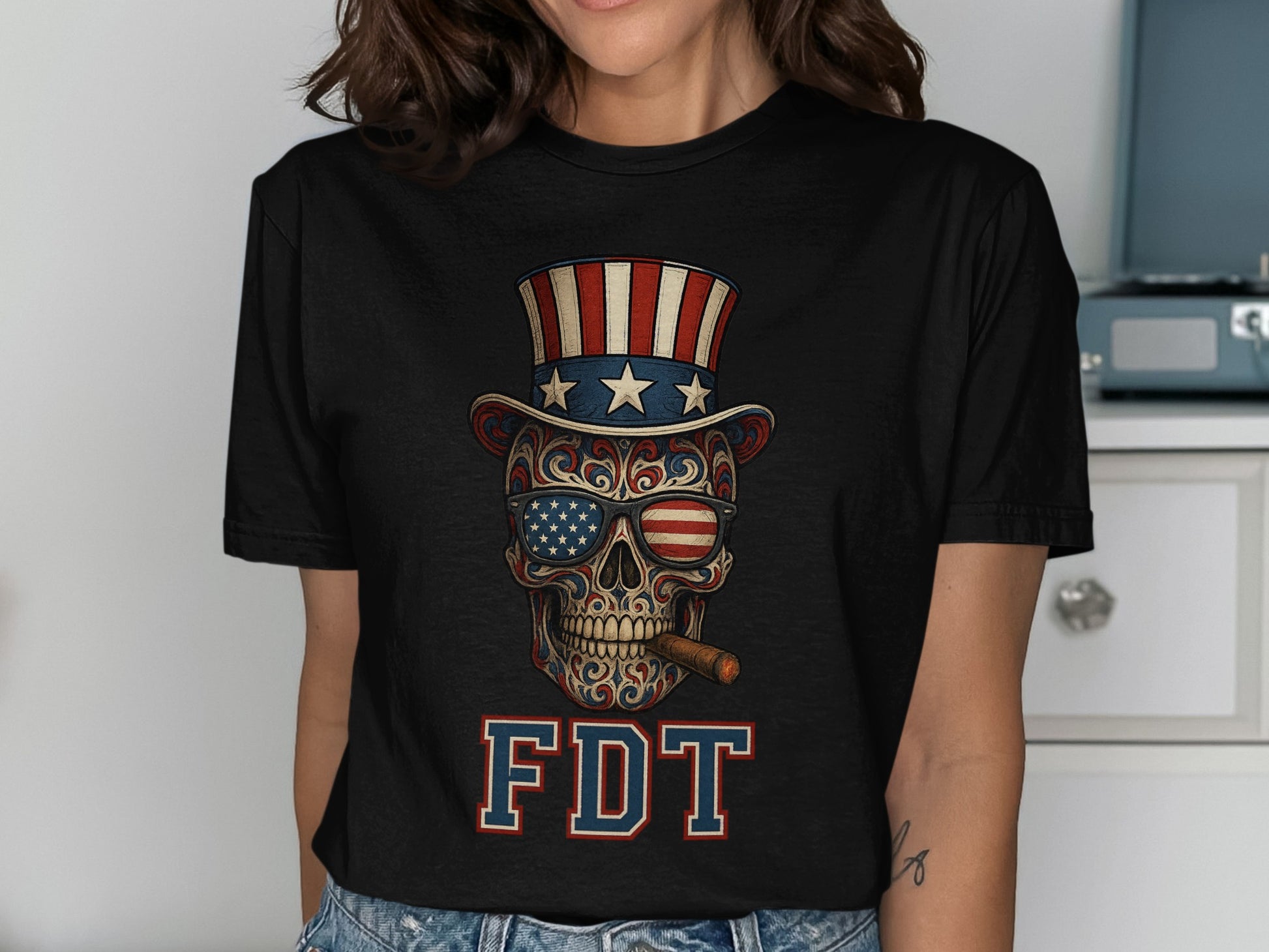 Patriotic Skull and Flag Graphic T-shirt product