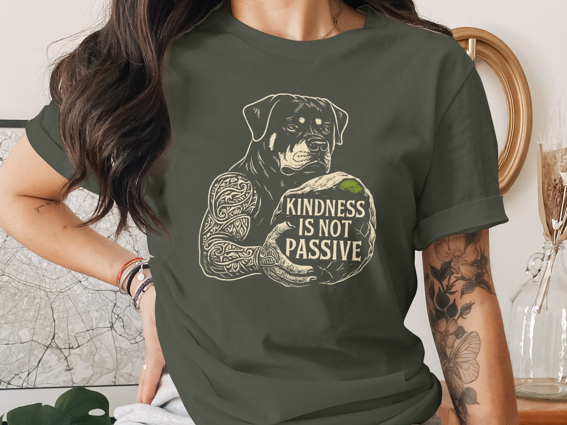 Kindness Is Not Passive Graphic Tee with Dog Print