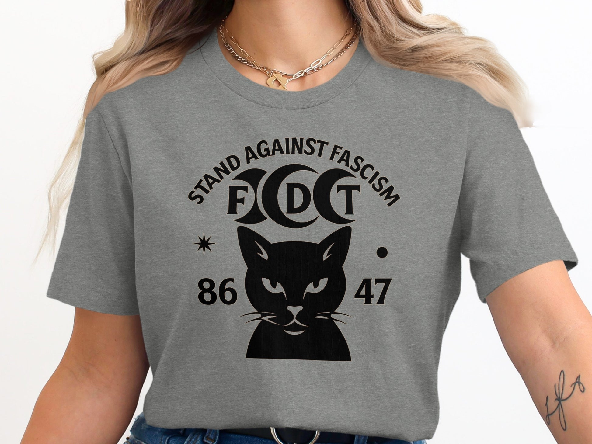 Stand Against Fascism Black Cat Graphic T-Shirt