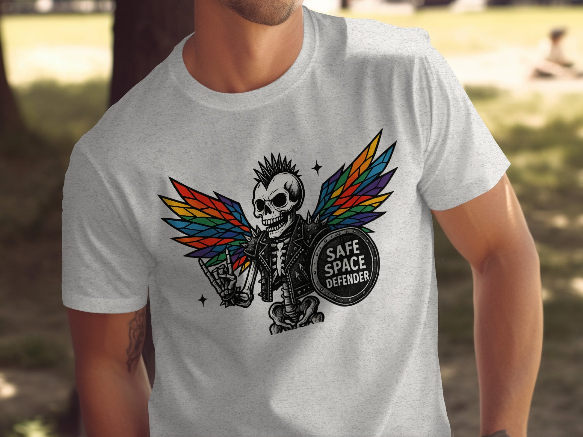 Safe Space Defender Skull with Rainbow Wings Shirt