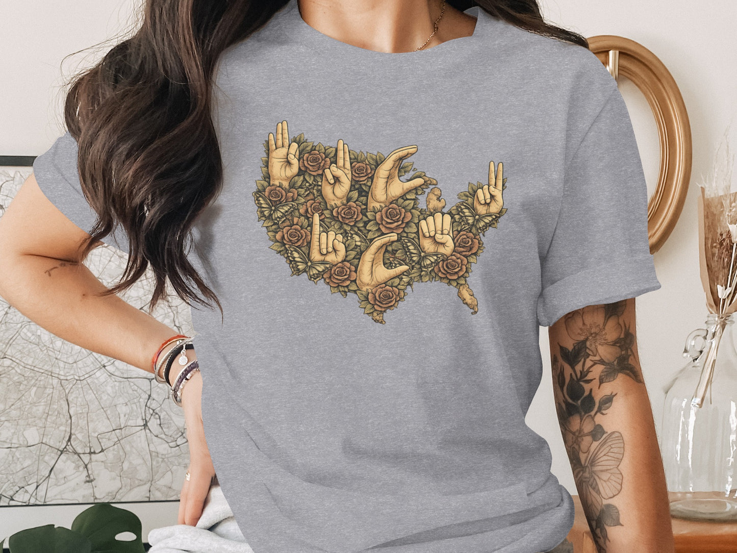 USA Map with Floral Sign Language Design Shirt