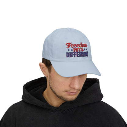 Freedom Hits Different Dad Cap - Classic White Adjustable Hat for Patriotic Fashion
