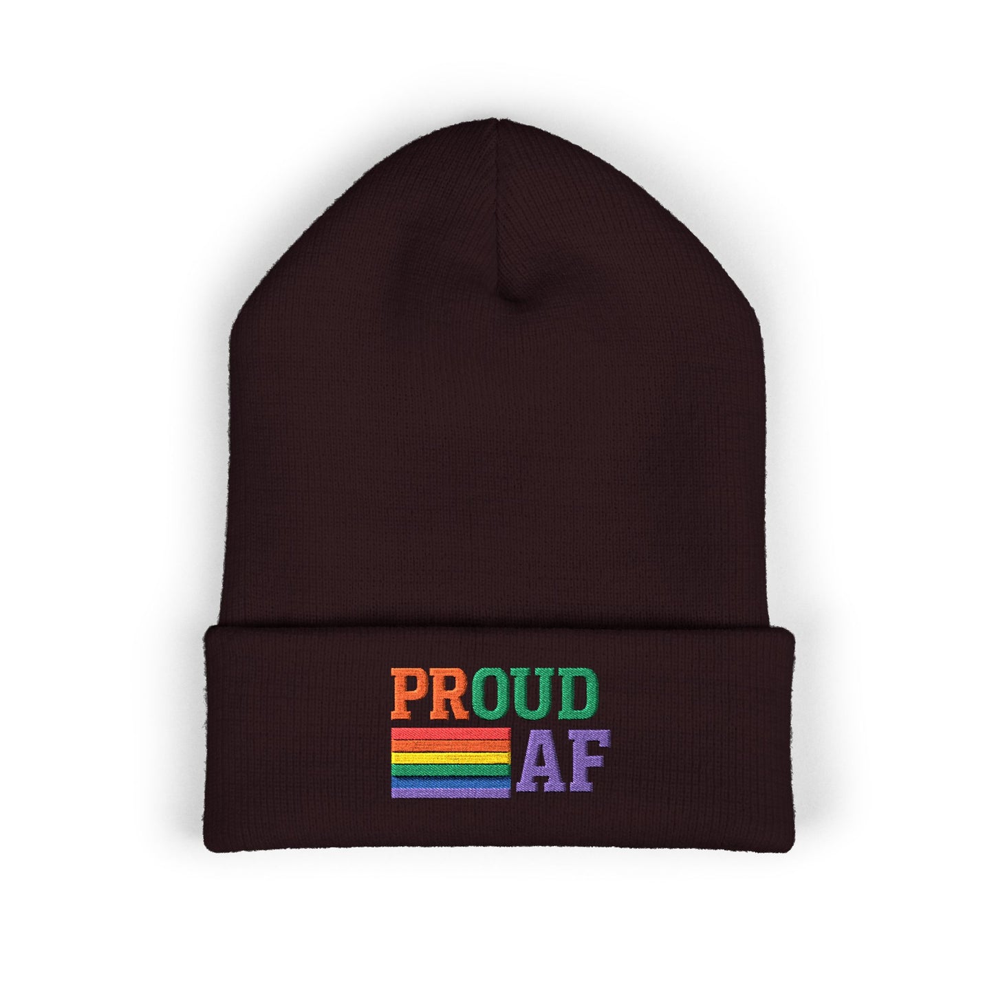 Proud AF Embroidered Beanie — Rainbow Pride Cuffed Hat