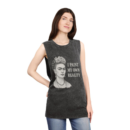 Frida Kahlo Inspirational Stonewash Tank Top, Unisex Graphic Muscle Shirt, Art Lover Gift, Bohemian Summer Top, Creative Reality Apparel