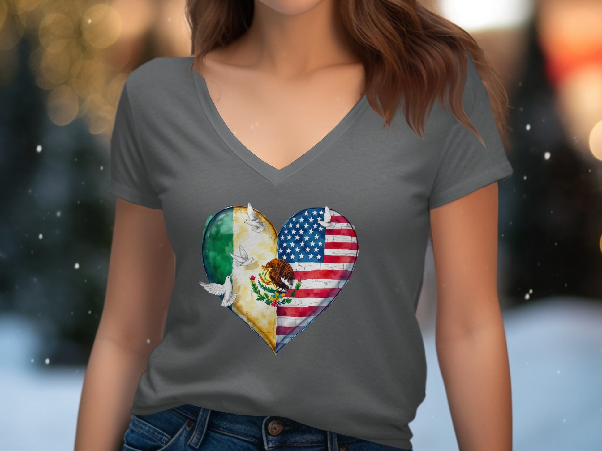 Heart-shaped USA and Mexico Flag Graphic T-shirt product