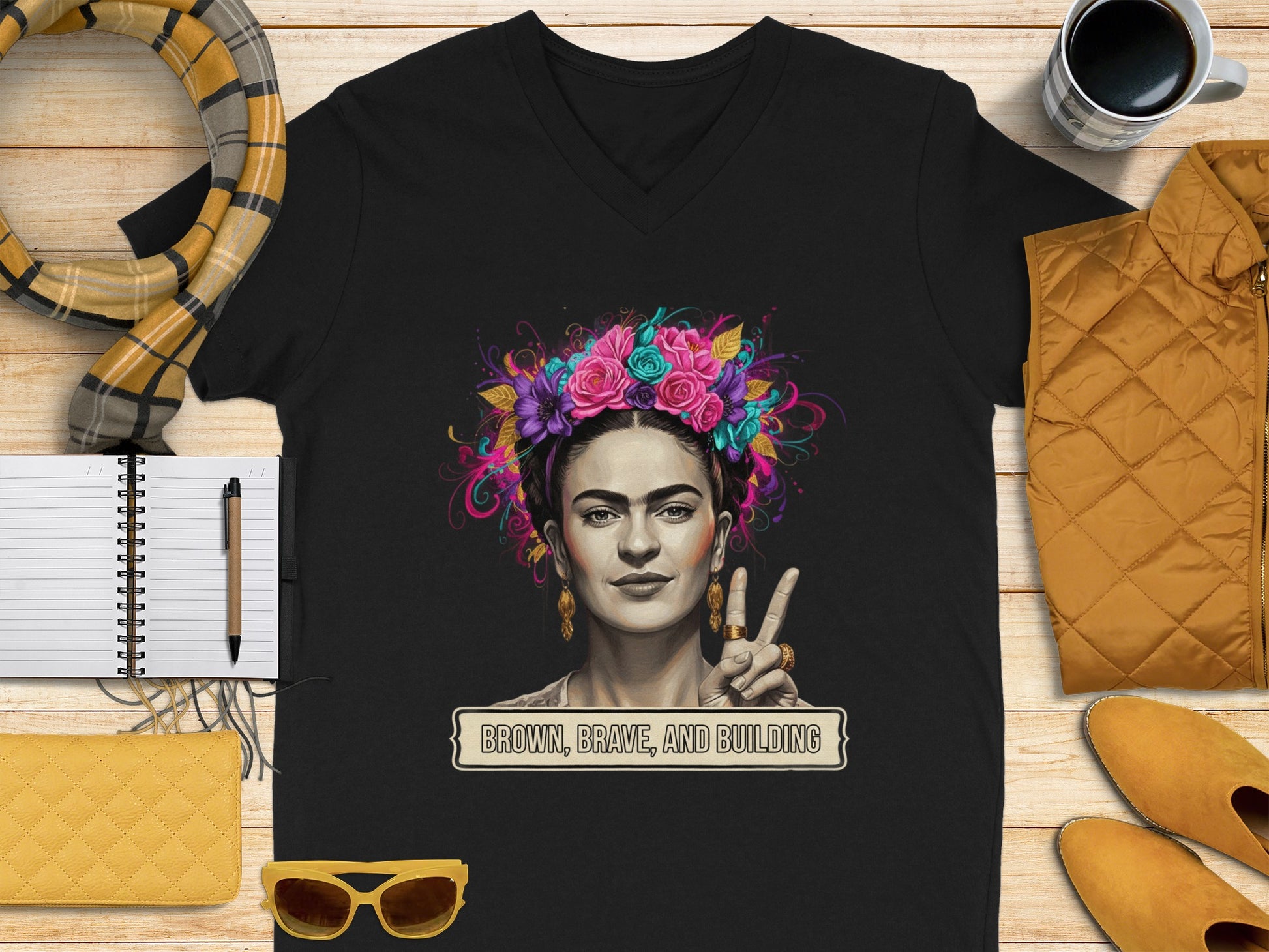 Brown Brave and Building V-neck Graphic Tee