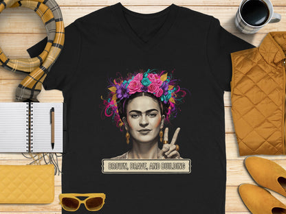 Brown Brave and Building V-neck Graphic Tee