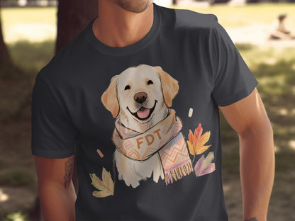 Happy Dog with Scarf and Leaves Illustration T-Shirt
