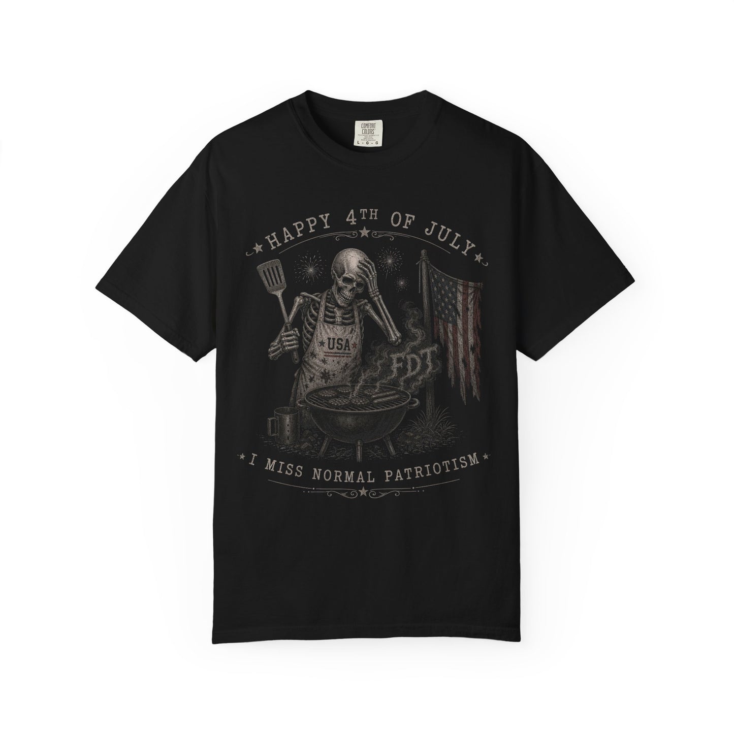 Black t-shirt with skeleton grilling for July 4th, USA flag.