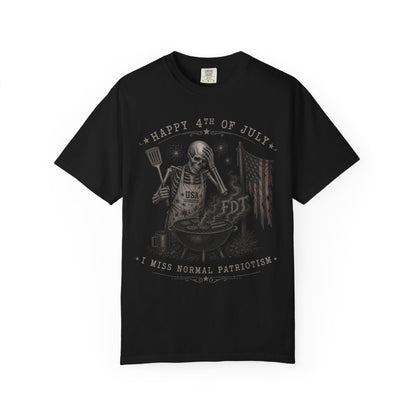 Black t-shirt with skeleton grilling for July 4th, USA flag.