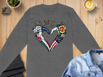 Heart Hands With Flags and Flowers Long Sleeve Shirt