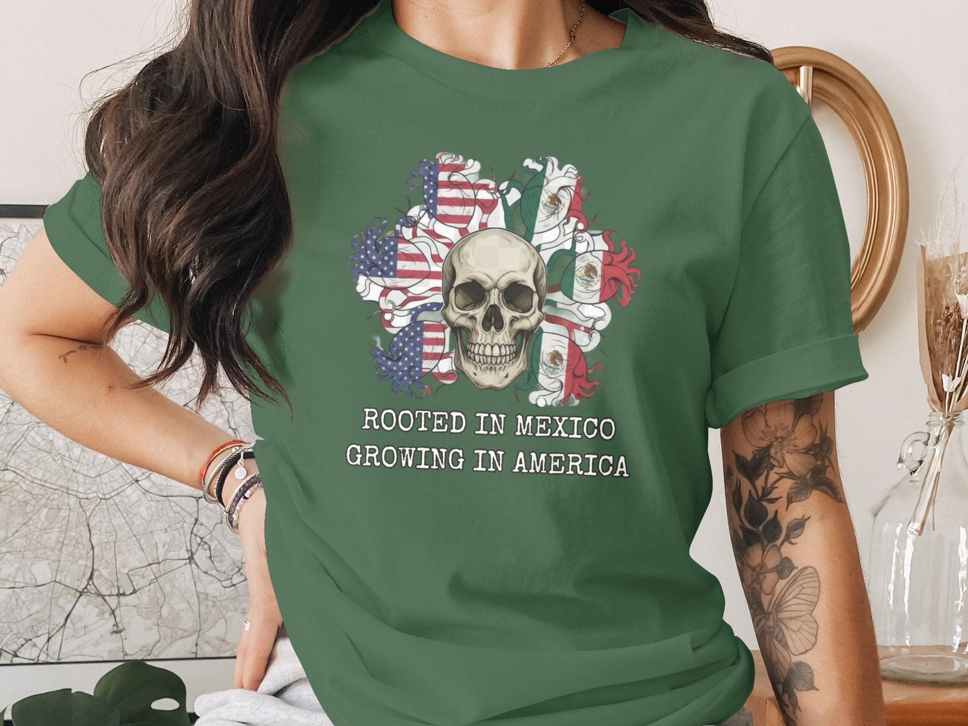 Rooted in Mexico Growing in America Skull T-shirt