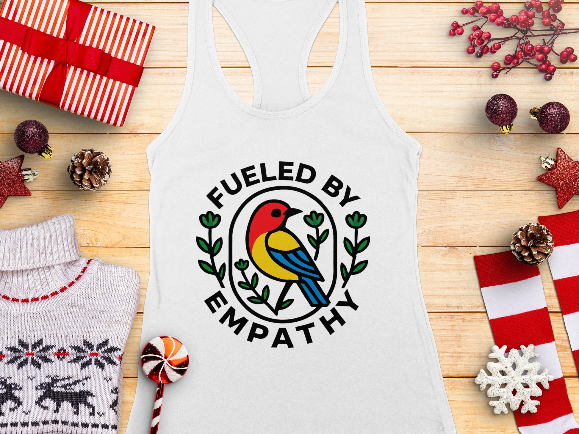 Fueled by Empathy Colorful Bird Design Tank Top