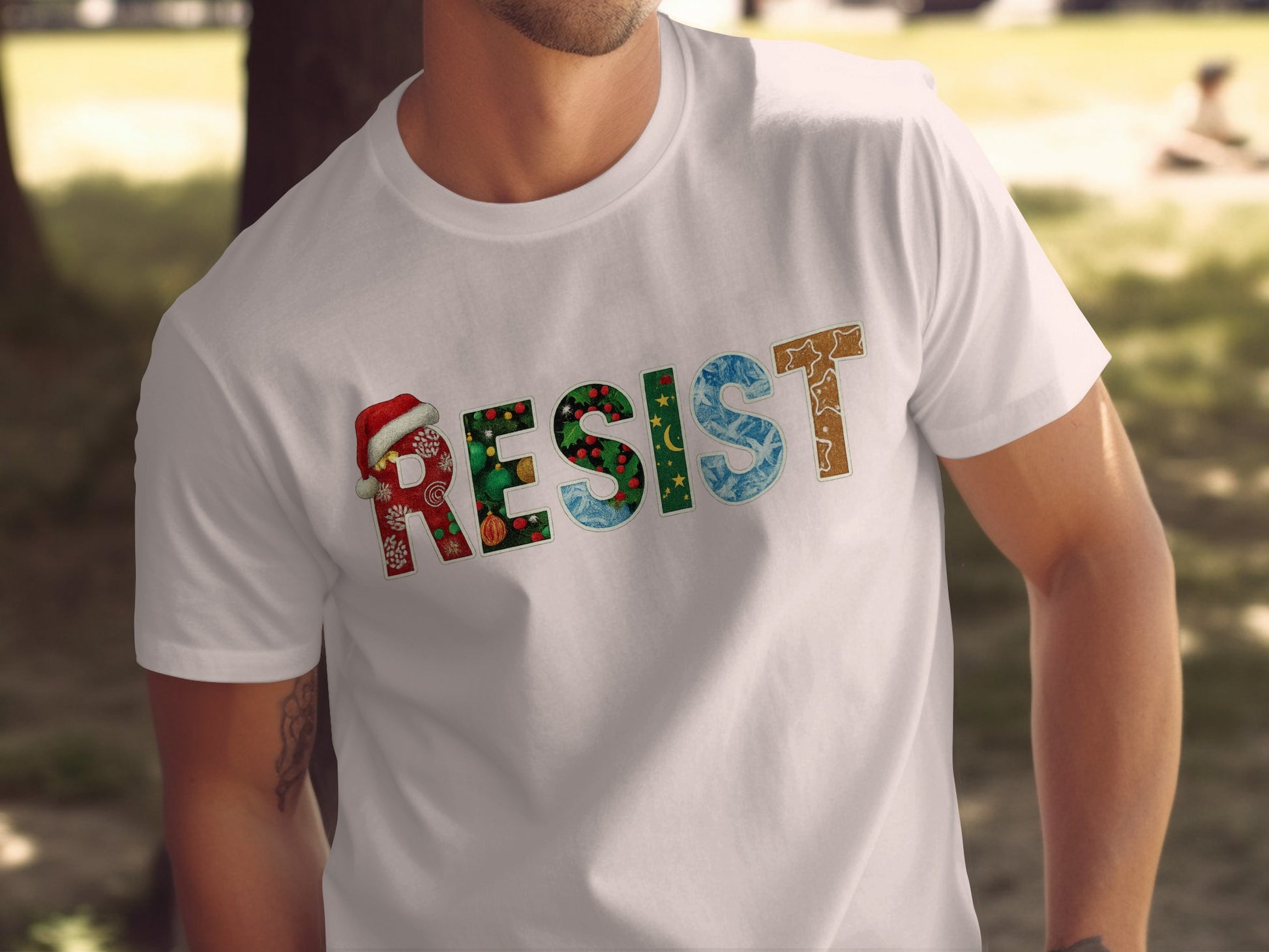 Christmas Themed Resist Graphic on White T-Shirt