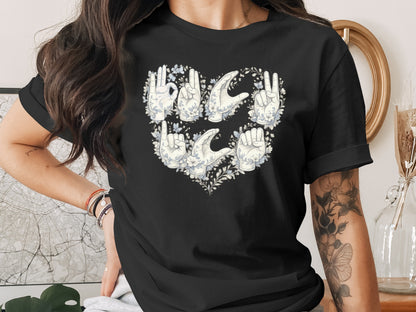 Floral Sign Language Heart Design Short Sleeve Shirt