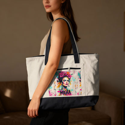 Tote bag featuring Frida Kahlo artwork with "fuck la migra" text.