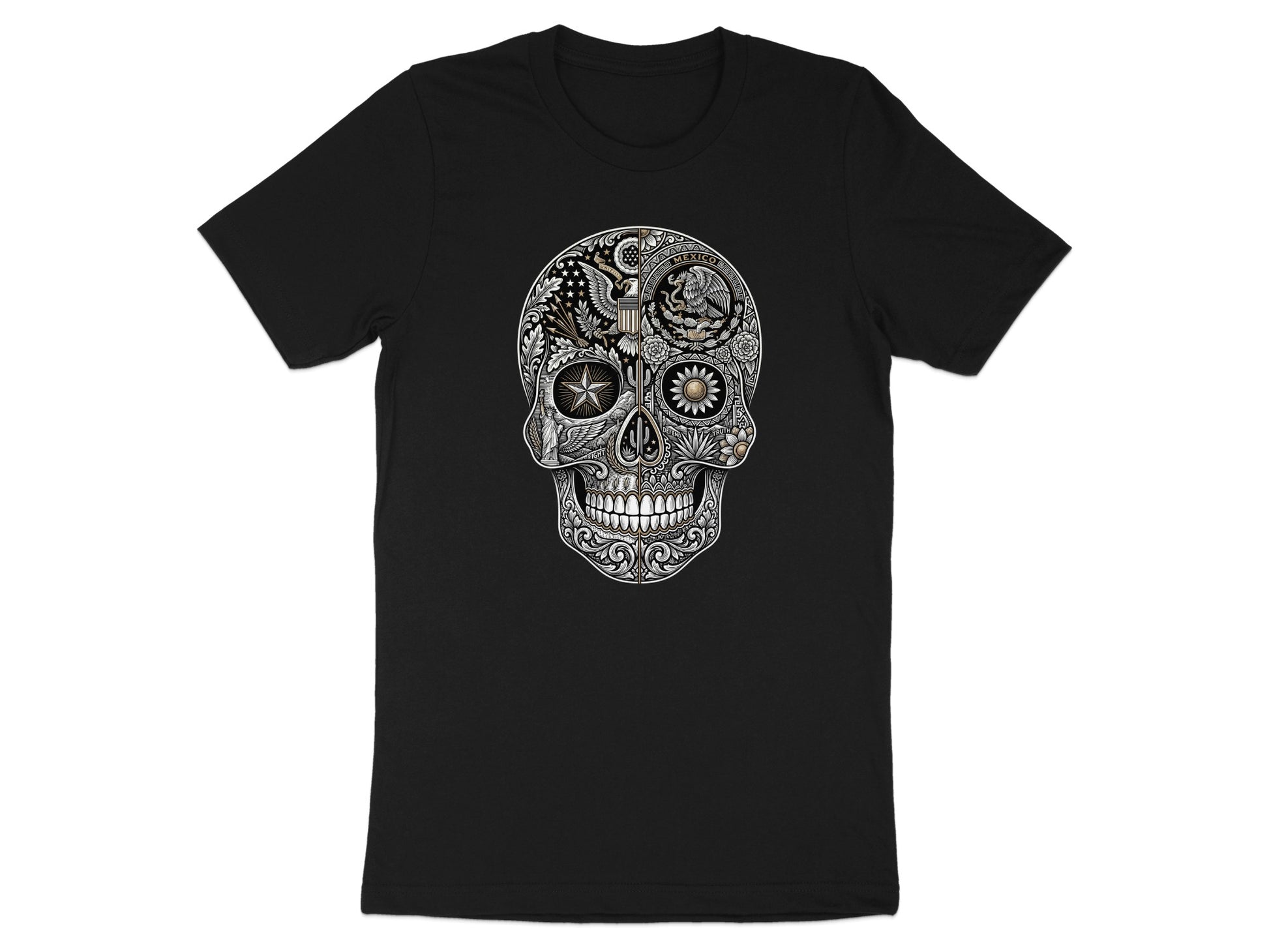Black t-shirt with ornate silver and gold sugar skull graphic.