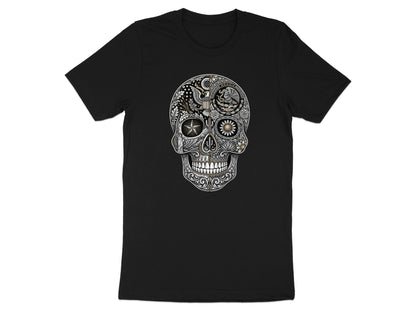 Black t-shirt with ornate silver and gold sugar skull graphic.