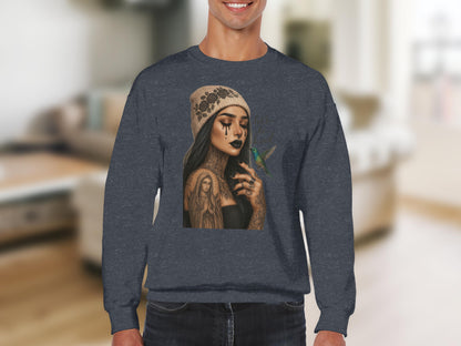Tattooed Woman and Hummingbird Art on Sweatshirt product type