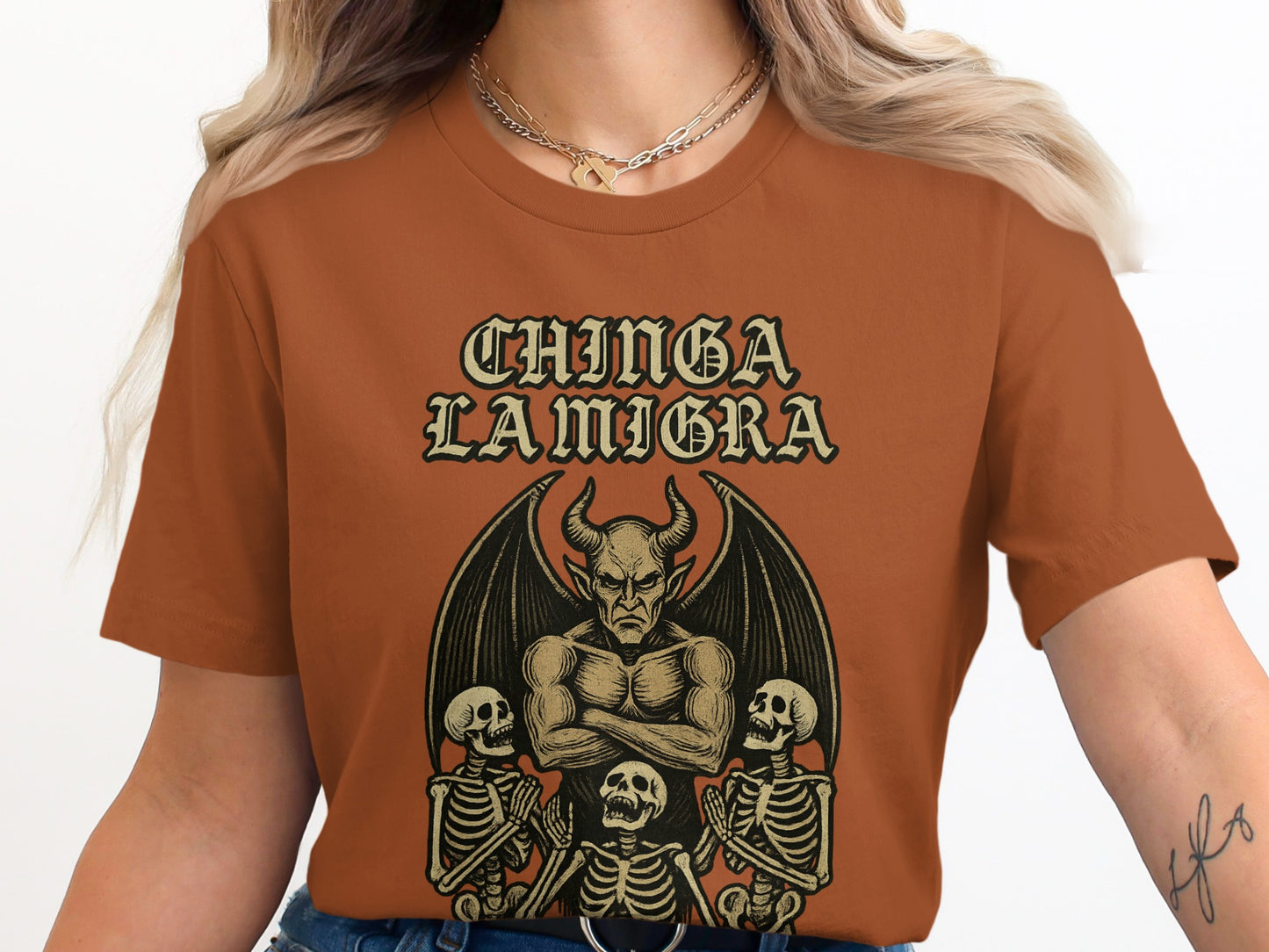 CHINGA LA MIGRA Devil with Skeletons Graphic T-shirt product