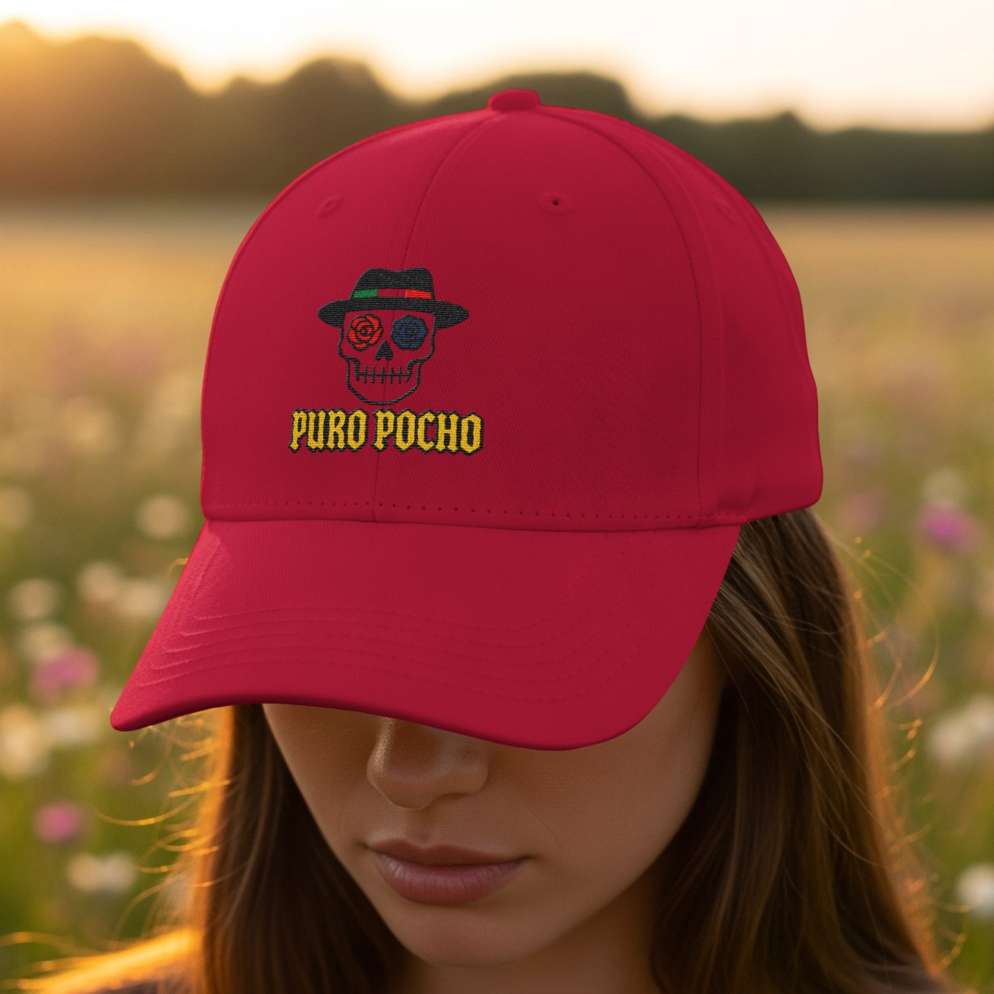 Puro Pocho Red Cap with Unique Skull Embroidery product