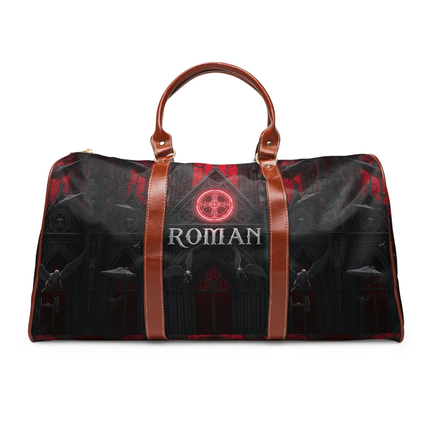 Gothic Waterproof Travel Bag — Personalized 'Roman' Duffel with Dark Cathedral Design